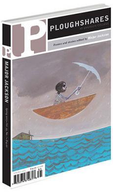 A journal cover with artwork of a person in a boat with an umbrella floating above the water