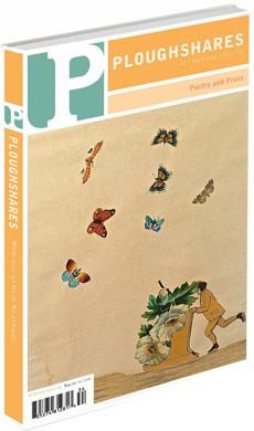 A journal cover: man pushing a sled full of flowers with butterflies flying above him